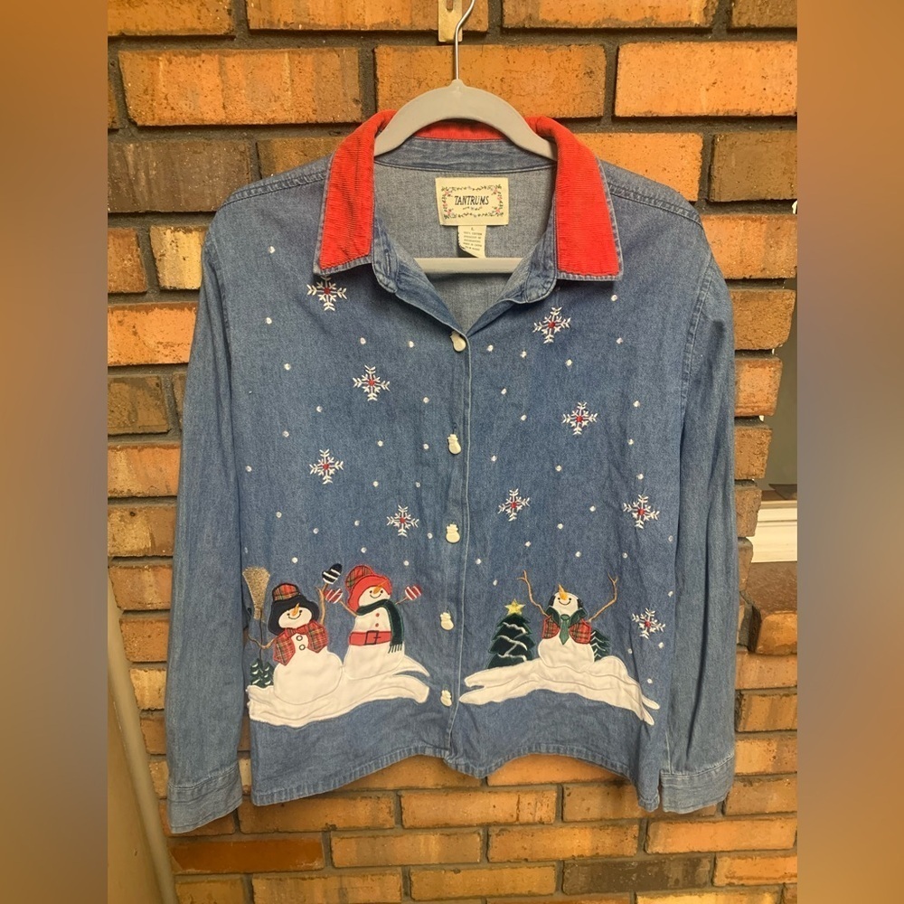 Vintage Tantrums Blue Denim Shirt with Snowman Embroidery